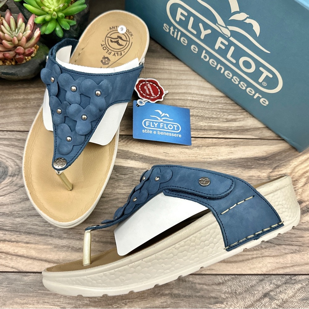 NIB Fly Flot Suede Flower Platform Comfort Leather Thong Sandal Navy
